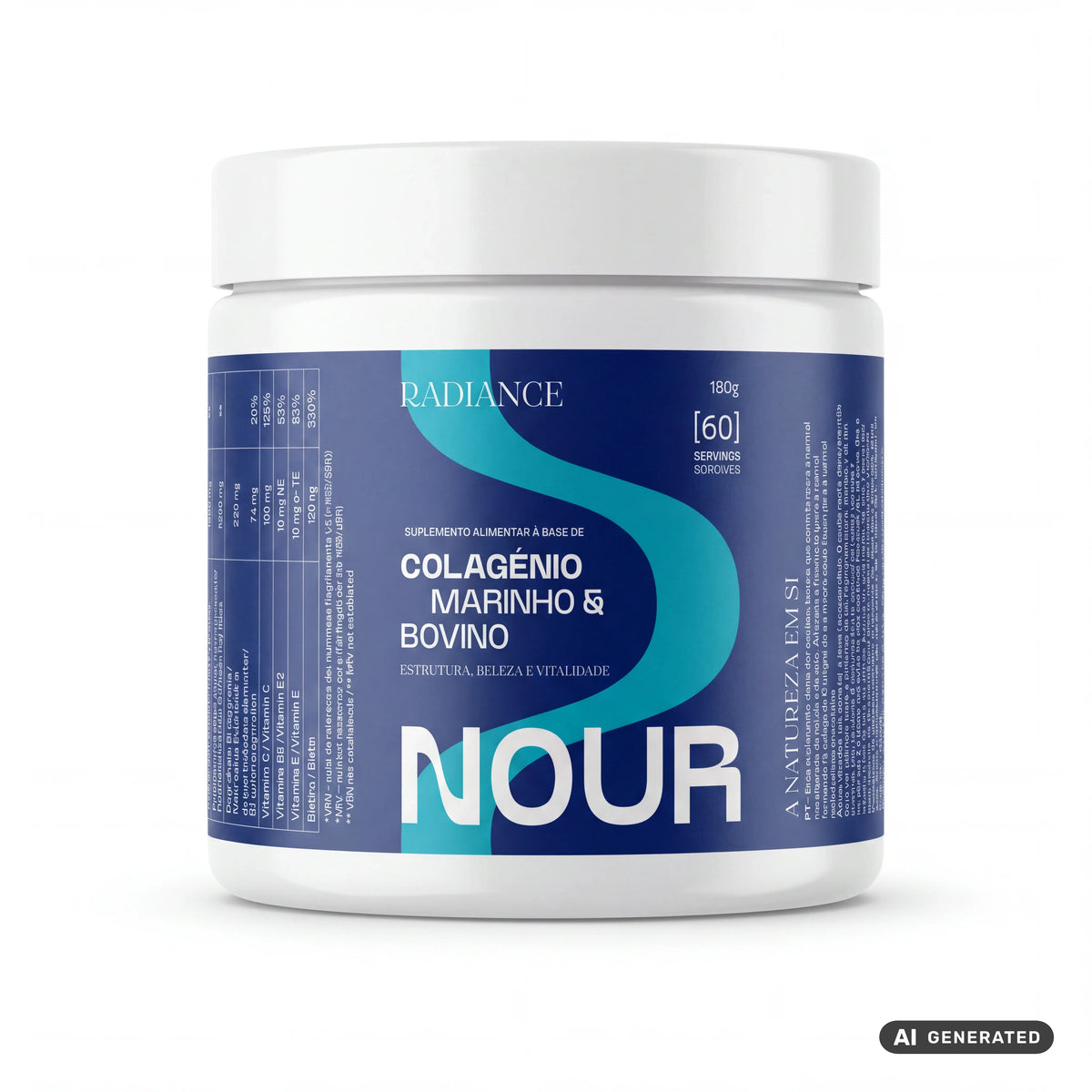 Imagem gerada por IA: embalagem de NOUR RADIANCE, colagénio marinho e bovino, 180 g.