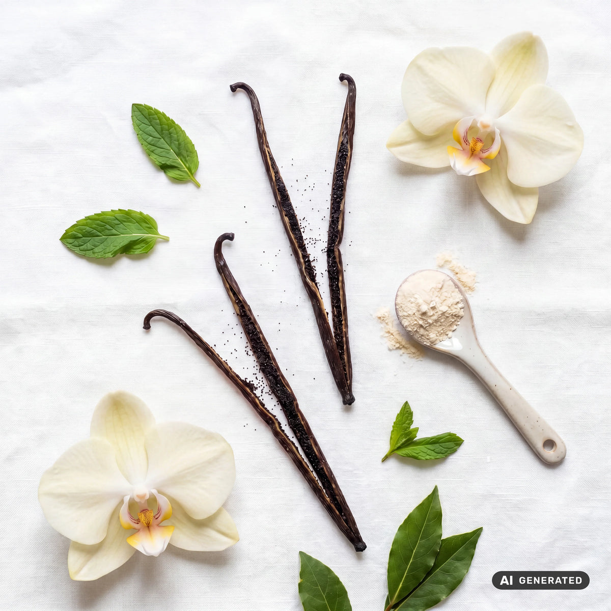 Imagem gerada por IA: vagens e flores de baunilha junto a uma colher com pó, sobre tecido claro.