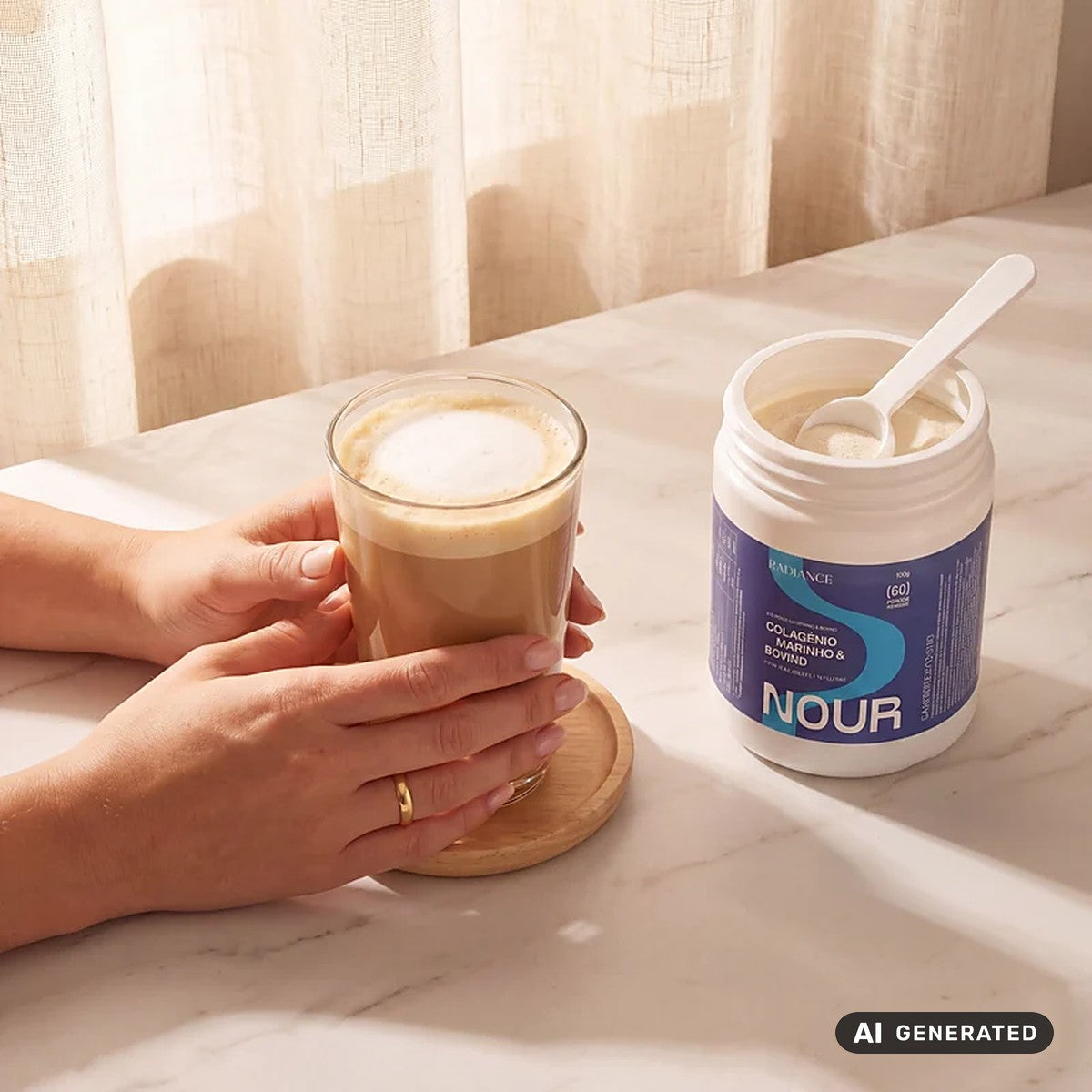 Imagem gerada por IA: mãos a segurar um copo de café junto a uma embalagem aberta de NOUR RADIANCE.