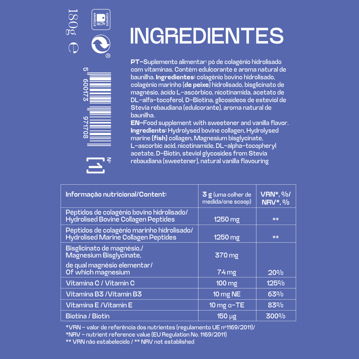 Rótulo do NOUR RADIANCE com a lista de ingredientes e a informação nutricional: colagénio bovino e marinho, bisglicinato de magnésio, vitaminas C, B3 e E e biotina.