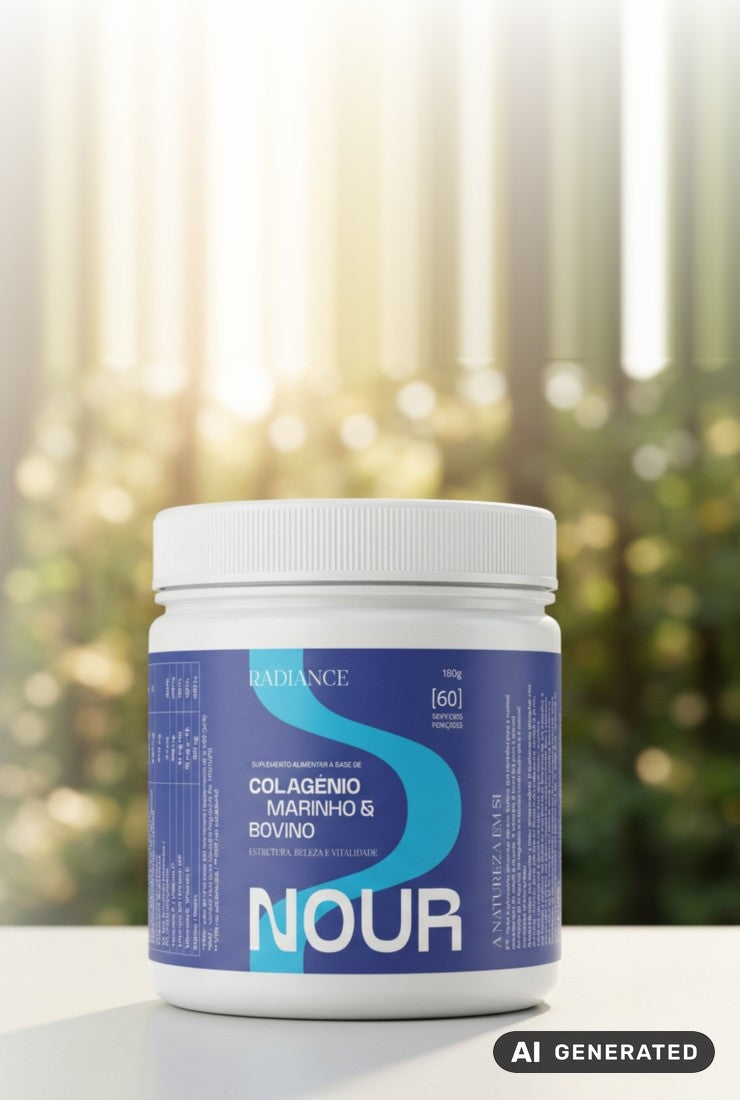 Imagem gerada por IA: embalagem de NOUR RADIANCE ao ar livre, com vegetação desfocada ao fundo.