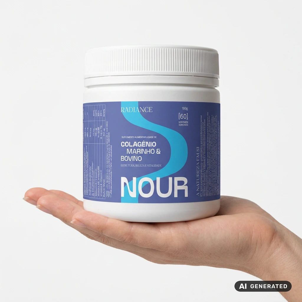 Imagem gerada por IA: embalagem de NOUR RADIANCE pousada na palma de uma mão.
