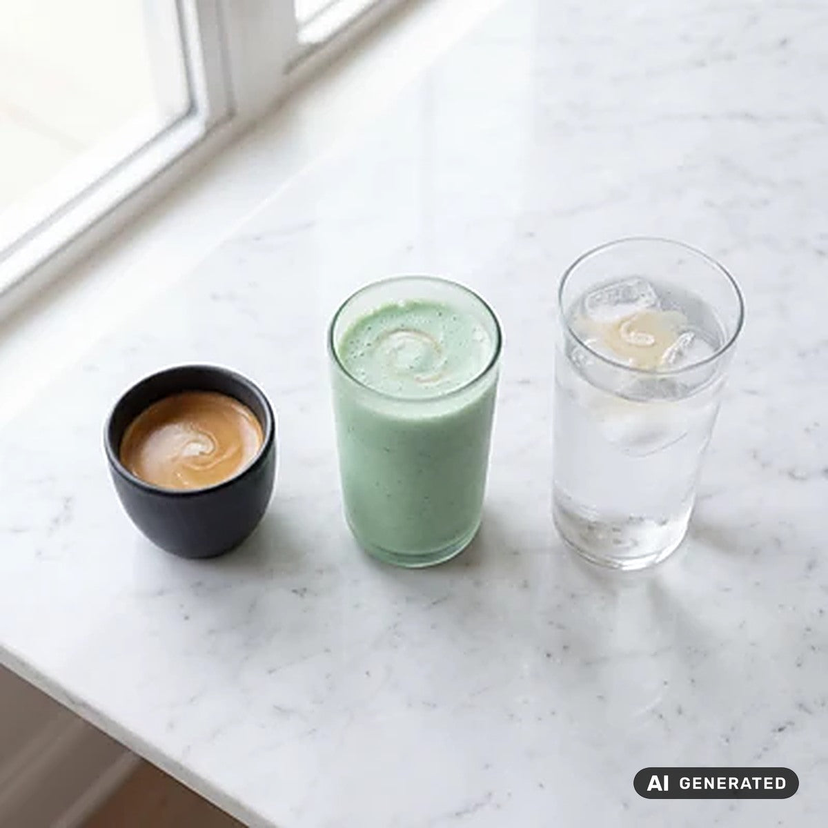 Imagem gerada por IA: chávena de café, batido e copo de água alinhados sobre bancada de mármore.