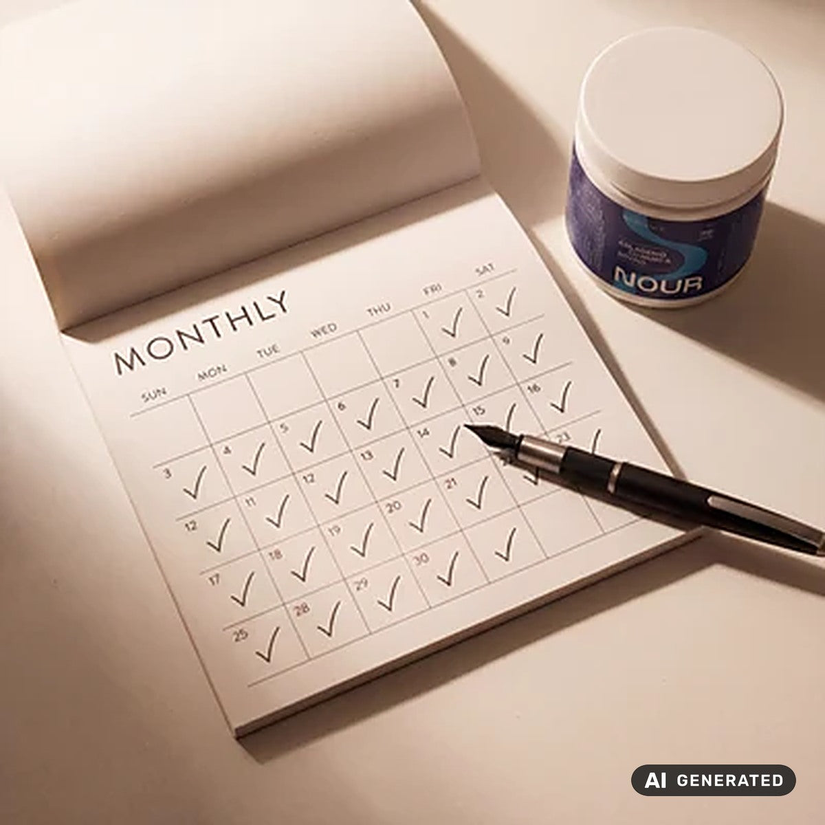 Imagem gerada por IA: calendário mensal com marcações diárias e embalagem de NOUR RADIANCE ao lado.