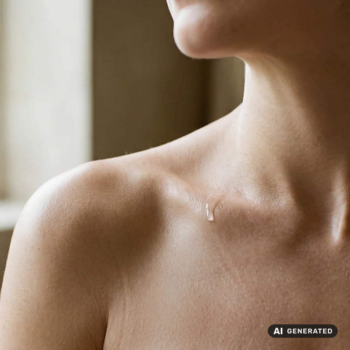 Imagem gerada por IA: close-up do ombro e clavícula de uma mulher, com luz natural.